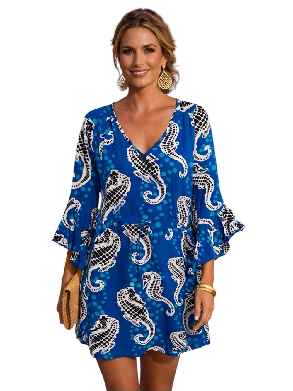 Tracy Negoshian XS Cobalt Blue Seahorse Dress V-Neck Bell Sleeve Resort Wear
Z